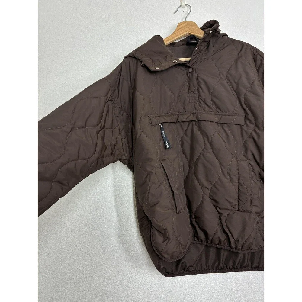 PUFFIT Jacket Mens Small Brown Quilted Anorak Pullover Hooded Kangaroo Pocket